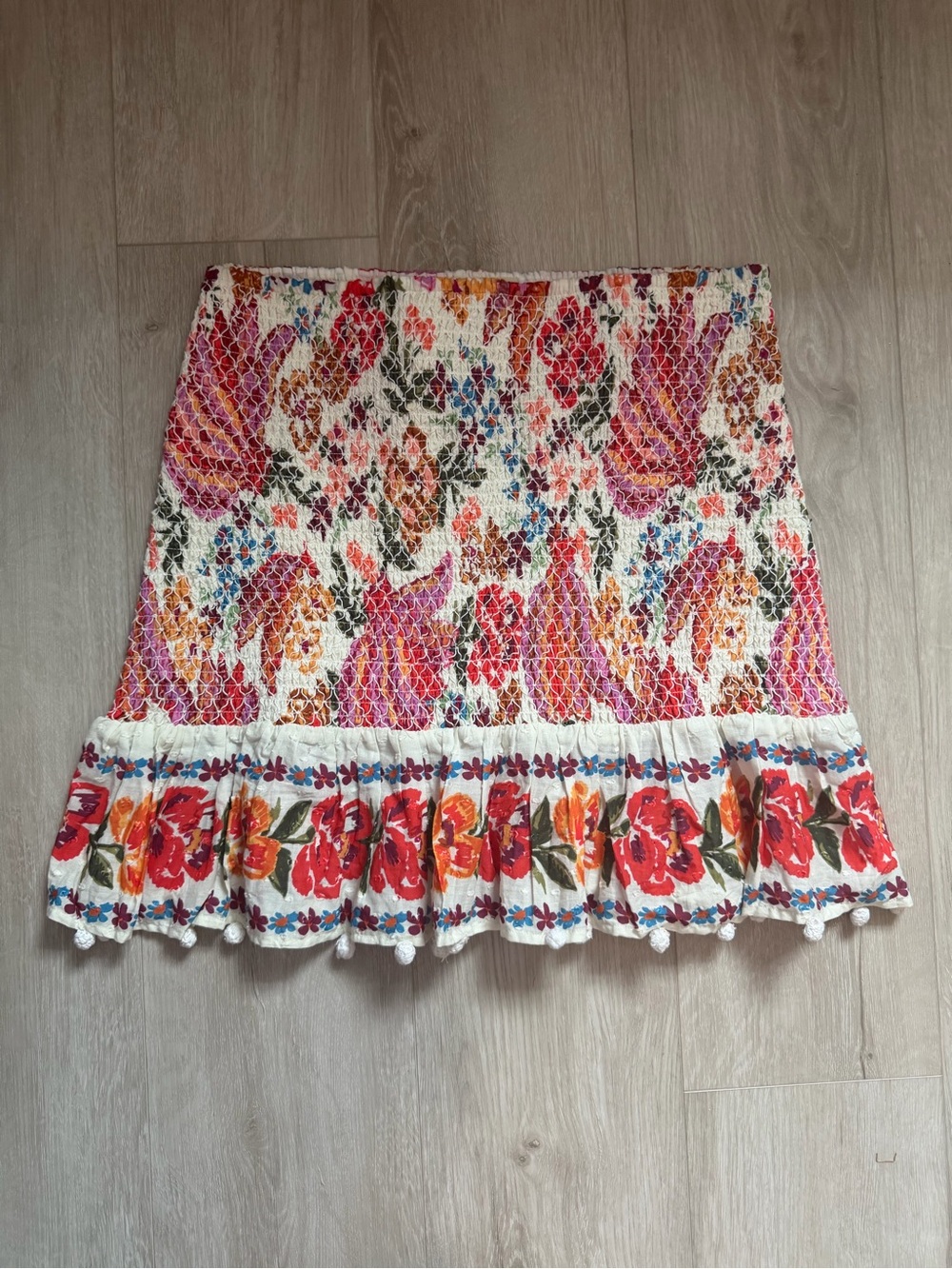 FARM Rio White Floral Smocked Mini Skirt with Red, Pink & Orange